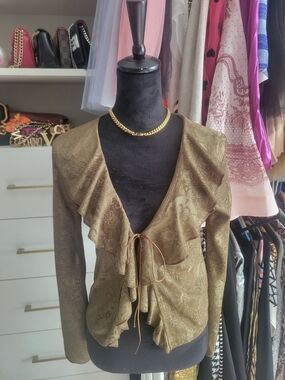 Zara Olive Gold Ruffled Tie-Front Jacket